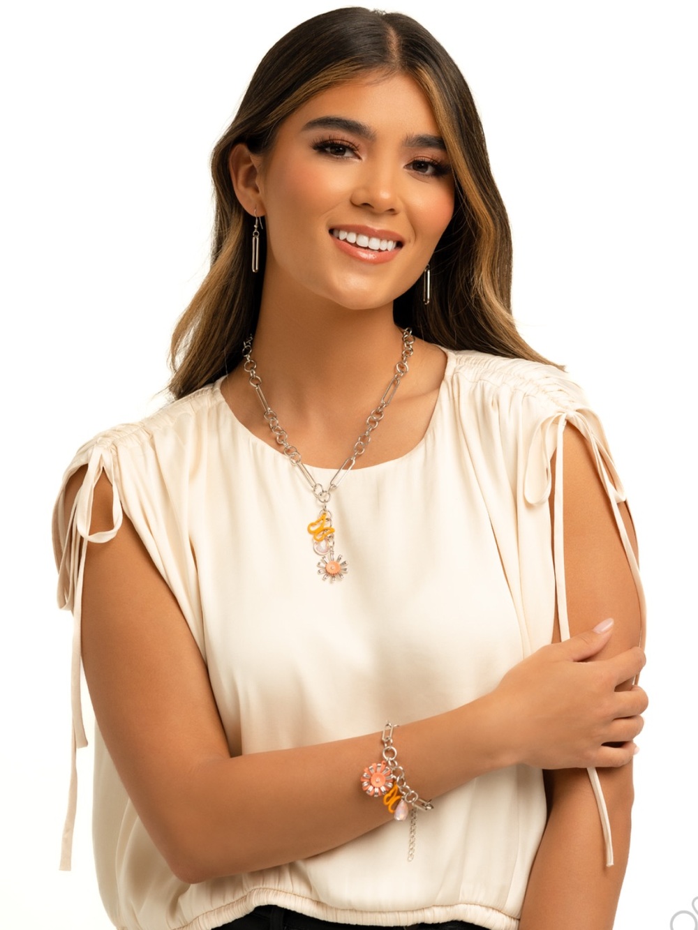 NWT Aerial Orange/Silver Charm Necklace, Earrings & Bracelet Set-3Fer!